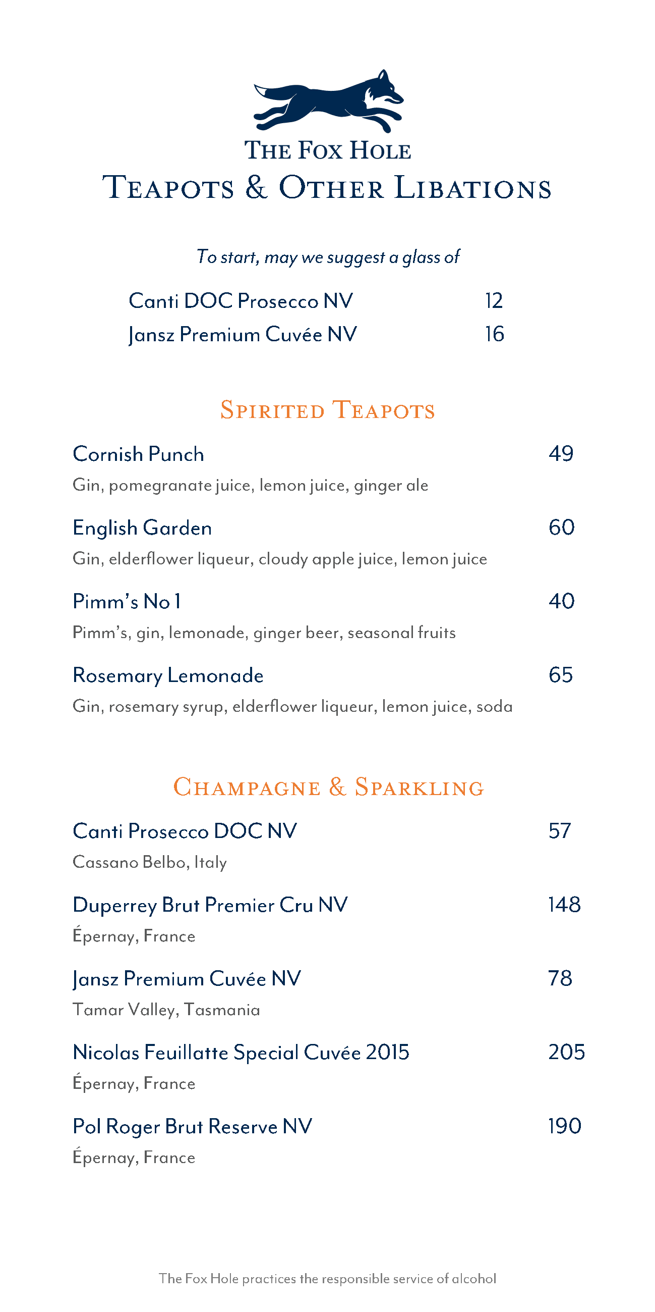 Gin Teapot and Drinks Menu