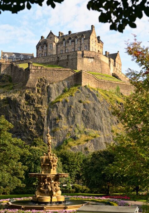 Edinburgh Castle, Scotland, from Princes Street Gardens, with the Ross Fountain in the foreground